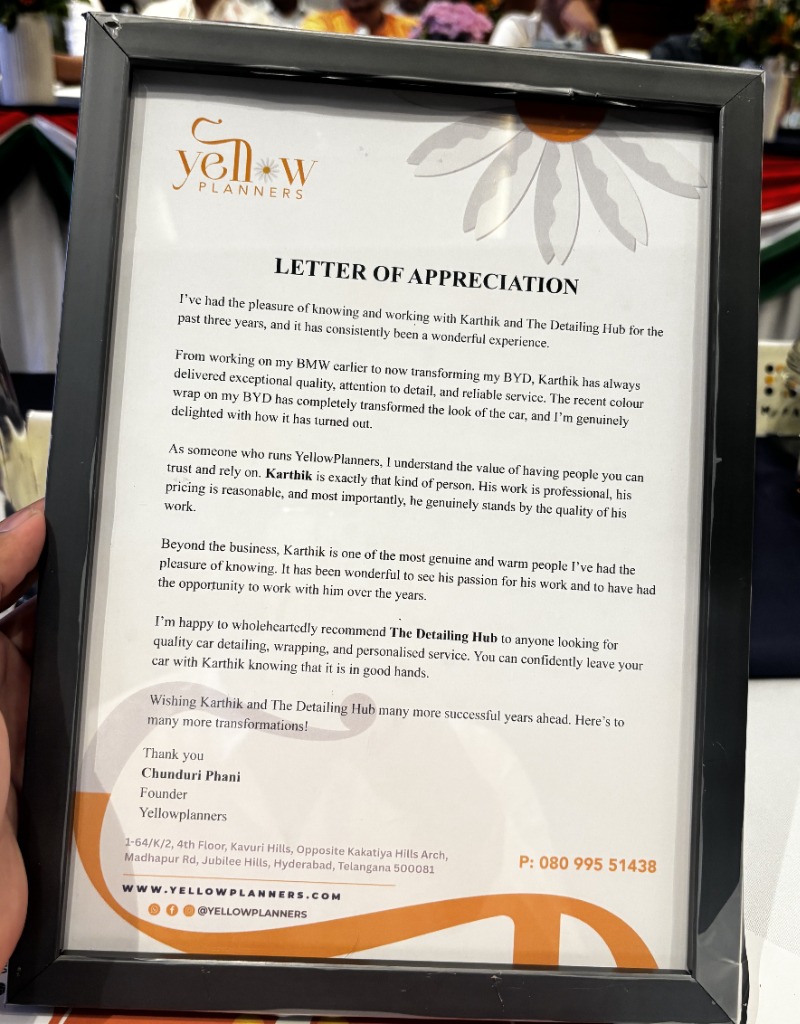 Letter of Appreciation - Yellow Planners